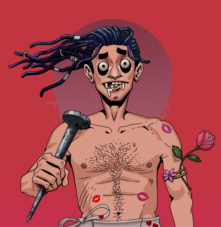 Drooling Azuma — Degen Dojo NFT art (Shirtless Runt, Red High Moon, Degens, Womanizer, Drooling Azuma, Flowing Dreads, Rusty Nail, Mint)
