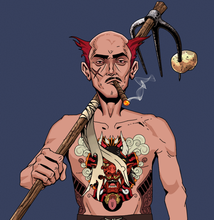 Raikou The Stoner — Degen Dojo NFT art (Shirtless Runt, Blue Evening, Degens, Red Oni Tattoo, Raikou The Stoner, Red Heihachi, Farmers Hoe, Mint)