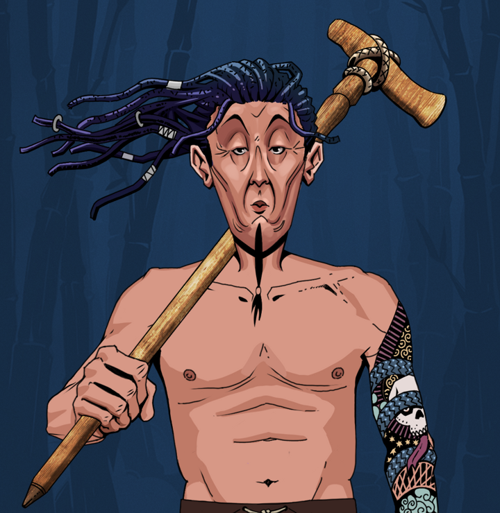 Edmundo — Degen Dojo NFT art (Shirtless Runt, Night Forest, Degens, Skull Sleeve, Edmundo, Flowing Dreads, Wooden Walking Cane, Mint)