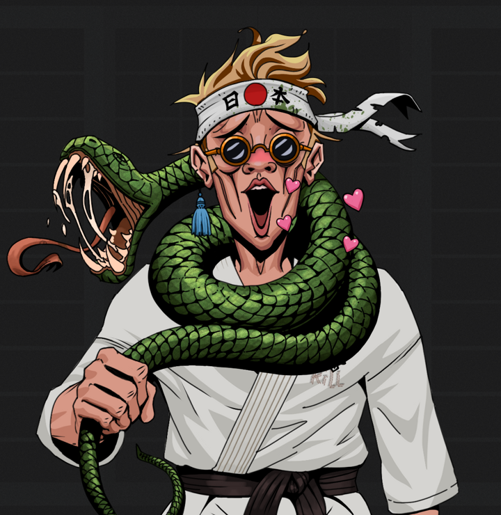 Lovey Haruto — Degen Dojo NFT art (Tassel, Shoji Night, Lovey Haruto, Student Gi, Dark Spectacles, Karate Headband, Degens, Enchanted Snake, Mint)