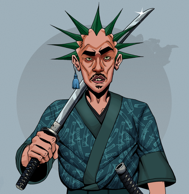 Gloomy Masumi — Degen Dojo NFT art (Tassel, Grey Mist, Degens, Katanajamas Kimono, Gloomy Masumi, Shirtless Runt, Zapachi, Katana, Mint)