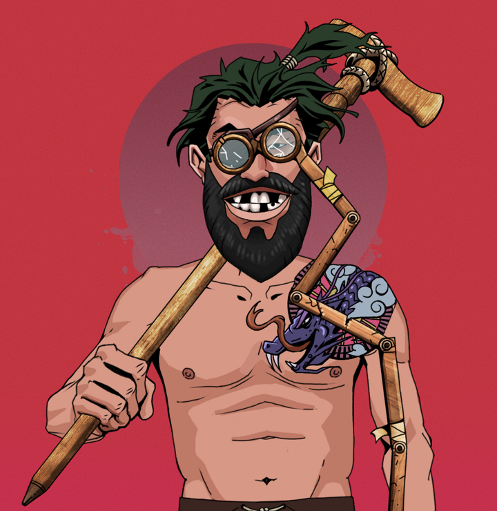Igor The Veteran — Degen Dojo NFT art (Shirtless Runt, Red High Moon, Degens, Dragon Head Tattoo, Igor The Veteran, Telescopic Glasses, Messy Ponytail, Wooden Walking Cane, Mint)