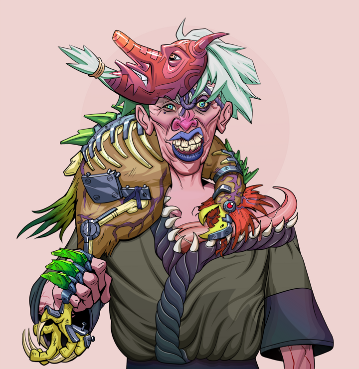 Young Yuji — Degen Dojo NFT art (Shirtless Runt, Red High Moon, Demons, Puppy Kimono, Young Yuji, Tengu Mask, Chicken, Mint)