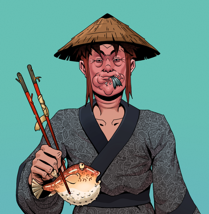 Fatty Bobsticks — Degen Dojo NFT art (Shirtless Runt, Teal Daytime, Degens, Sushi Love Loose Kimono, Fatty Bobsticks, Rice Hat, Frightened Fugu, Mint)
