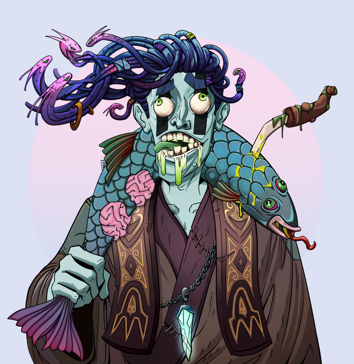 Toxic Azuma — Degen Dojo NFT art (Shirtless Runt, Purple Night, Demons, Ordained Dejen, Toxic Azuma, Flowing Dreads, Dead Fish, Mint)