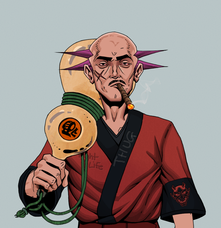 Raikou The Stoner — Degen Dojo NFT art (Shirtless Runt, Light Grey, Degens, Red Oni Kimono, Raikou The Stoner, Dejen Mohawk, Giant Sake Bottle, Mint)