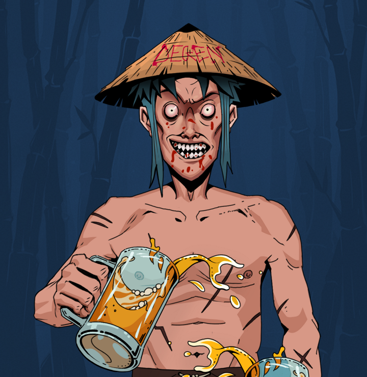 Assassin Fuzen — Degen Dojo NFT art (Shirtless Runt, Night Forest, Degens, Battle Scars, Assassin Fuzen, Degen Graffiti Rice Hat, Beer Splash, Mint)