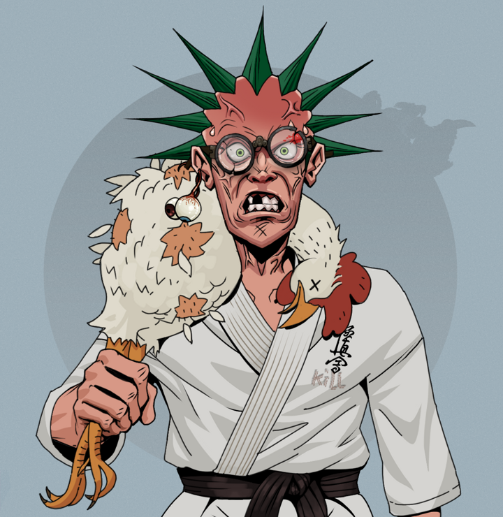 Angry Ikari — Degen Dojo NFT art (Shaman Eyes, Grey Mist, Degens, Student Gi, Angry Ikari, Bloodied Glasses, Zapachi, Chicken, Mint)