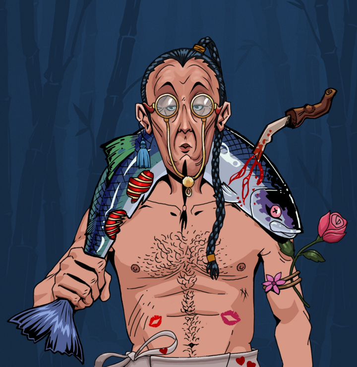 Edmundo — Degen Dojo NFT art (Tassel, Night Forest, Degens, Womanizer, Edmundo, Pompous Glasses, Braided Samurai Ponytail, Dead Fish, Mint)