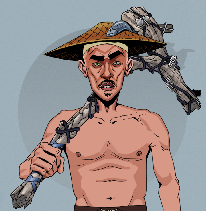 Gloomy Masumi — Degen Dojo NFT art (Shirtless Runt, Grey Mist, Degens, Gloomy Masumi, Wide Kasa Fisherman, Large Branch, Mint)