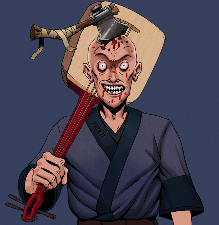 Assassin Fuzen — Degen Dojo NFT art (Shirtless Runt, Blue Evening, Degens, Fuck You Kimono, Assassin Fuzen, Splitting Axe Ache, Shamisen, Mint)