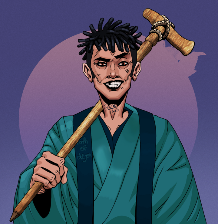 Junichiro — Degen Dojo NFT art (Shirtless Runt, Purple Night, Degens, Dejen Apostate, Junichiro, Black Bantu Knots, Wooden Walking Cane, Mint)
