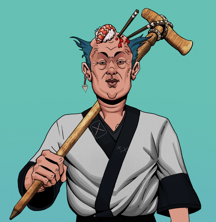 Fat Bob — Degen Dojo NFT art (Shark Tooth, Teal Daytime, Degens, Katana Kimono, Fat Bob, Shirtless Runt, Sushi Fight, Wooden Walking Cane, Mint)