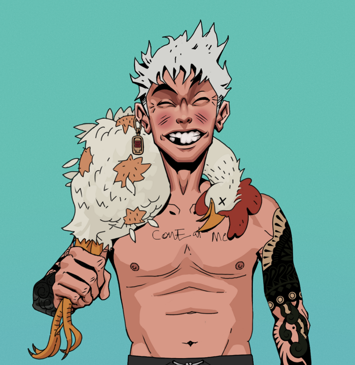 Cheery Haru — Degen Dojo NFT art (Dojo Paper Earring, Teal Daytime, Degens, Black Yakuza Sleeves, Cheery Haru, Shirtless Runt, Short Spiky Grey, Chicken, Mint)