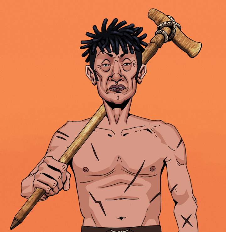Goro — Degen Dojo NFT art (Shirtless Runt, Orange Afternoon, Degens, Battle Scars, Goro, Black Bantu Knots, Wooden Walking Cane, Mint)