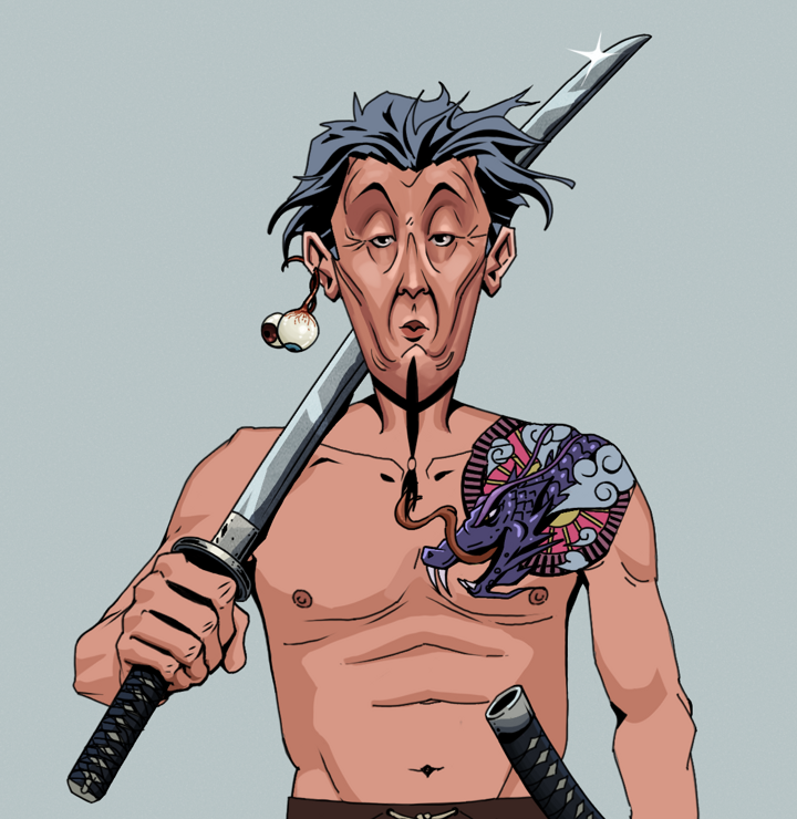 Edmundo — Degen Dojo NFT art (Shaman Eyes, Light Grey, Degens, Dragon Head Tattoo, Edmundo, Shirtless Runt, Wavy, Katana, Mint)
