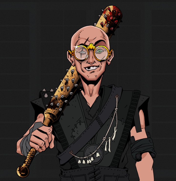 One-Eyed Itsuki — Degen Dojo NFT art (Shirtless Runt, Shoji Night, Degens, Warlock Wannabe, One-Eyed Itsuki, Golden Glasses, Bald, Yakuza Club, Mint)