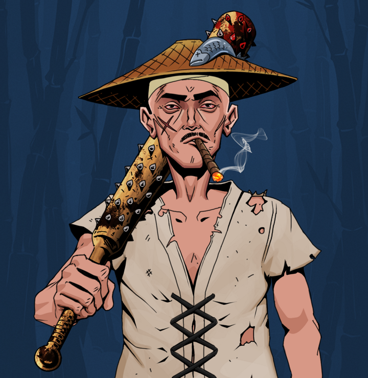 Raikou The Stoner — Degen Dojo NFT art (Shirtless Runt, Night Forest, Degens, Rice Sack Rags, Raikou The Stoner, Wide Kasa Fisherman, Yakuza Club, Mint)