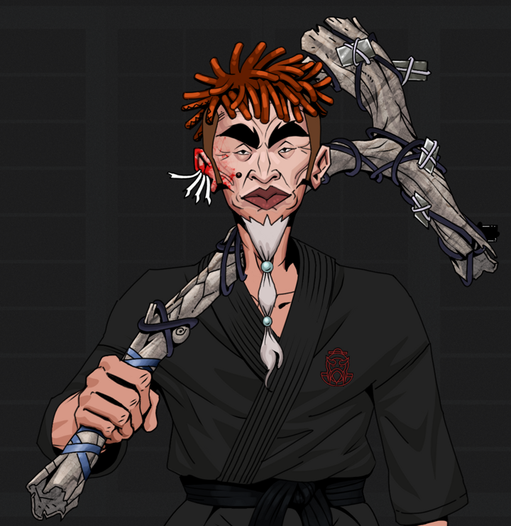 Yuji The Wise — Degen Dojo NFT art (Chicken Bones, Shoji Night, Degens, Master Black Gi, Yuji The Wise, Shirtless Runt, Orange Bantu Knots, Large Branch, Mint)