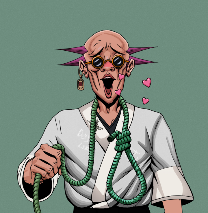 Lovey Haruto — Degen Dojo NFT art (Dojo Paper Earring, Olive Green, Degens, No Honor Kimono, Lovey Haruto, Dark Spectacles, Dejen Mohawk, Noose, Mint)