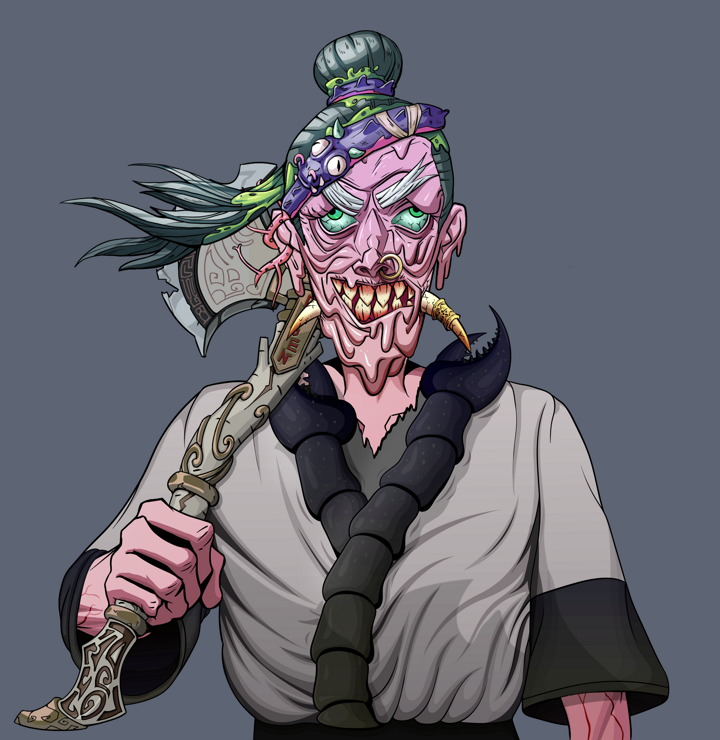 Assassin Fuzen — Degen Dojo NFT art (Tassel, Shoji Night, Demons, Katana Kimono, Assassin Fuzen, Shirtless Runt, Long Flowing, Axe, Mint)