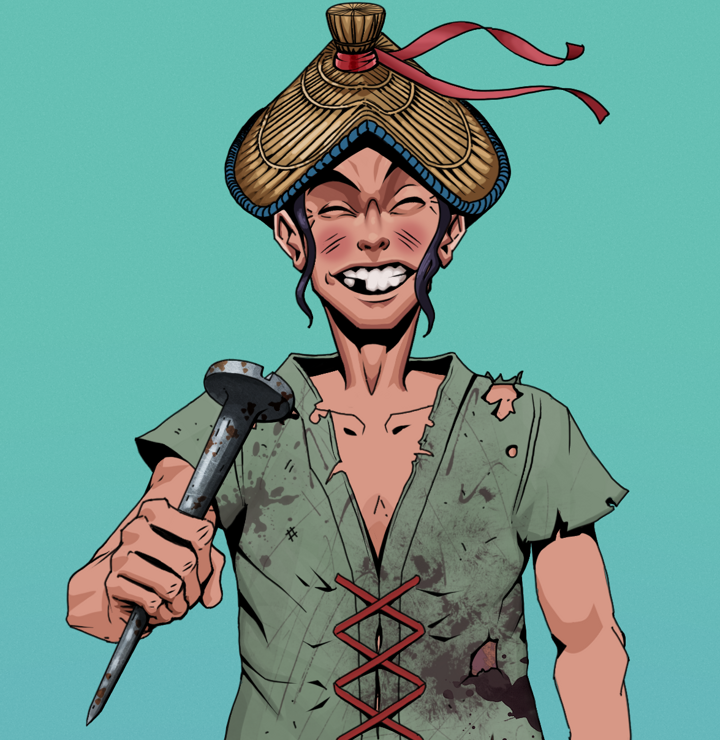 Cheery Haru — Degen Dojo NFT art (Shirtless Runt, Teal Daytime, Degens, Dirty Peasant Rags, Cheery Haru, High Straw Rice Hat, Rusty Nail, Mint)