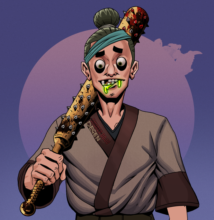 Toxic Azuma — Degen Dojo NFT art (Shirtless Runt, Purple Night, Degens, Degen Dojo Kimono, Toxic Azuma, Hair Bun, Yakuza Club, Mint)