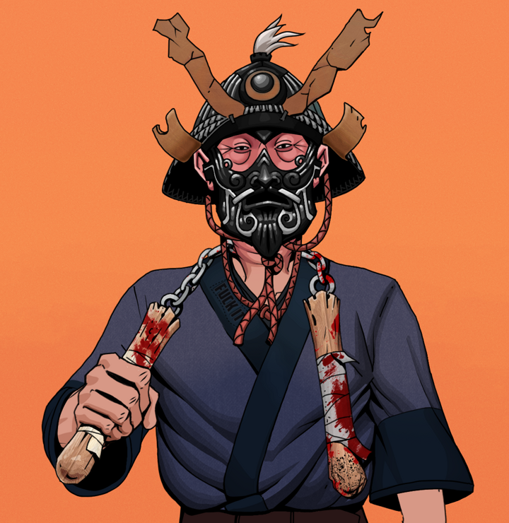 Fatty Bobsticks — Degen Dojo NFT art (Shirtless Runt, Orange Afternoon, Degens, Fuck You Kimono, Fatty Bobsticks, Black Iron Kabuto, Bloody Nunchucks, Mint)
