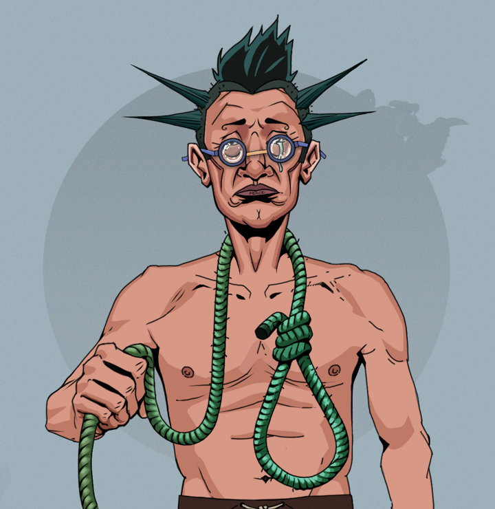 Teary Goro — Degen Dojo NFT art (Shirtless Runt, Grey Mist, Degens, Teary Goro, Spectacles, Yakuza Ruffian, Noose, Mint)