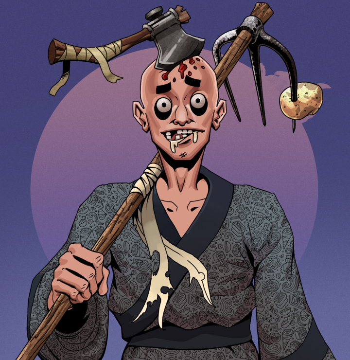 Drooling Azuma — Degen Dojo NFT art (Shirtless Runt, Purple Night, Degens, Sushi Love Loose Kimono, Drooling Azuma, Splitting Axe Ache, Farmers Hoe, Mint)
