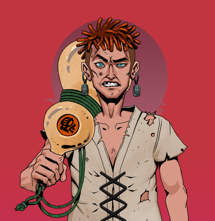 Akuma — Degen Dojo NFT art (Iron Earrings, Red High Moon, Degens, Rice Sack Rags, Akuma, Shirtless Runt, Orange Bantu Knots, Giant Sake Bottle, Mint)