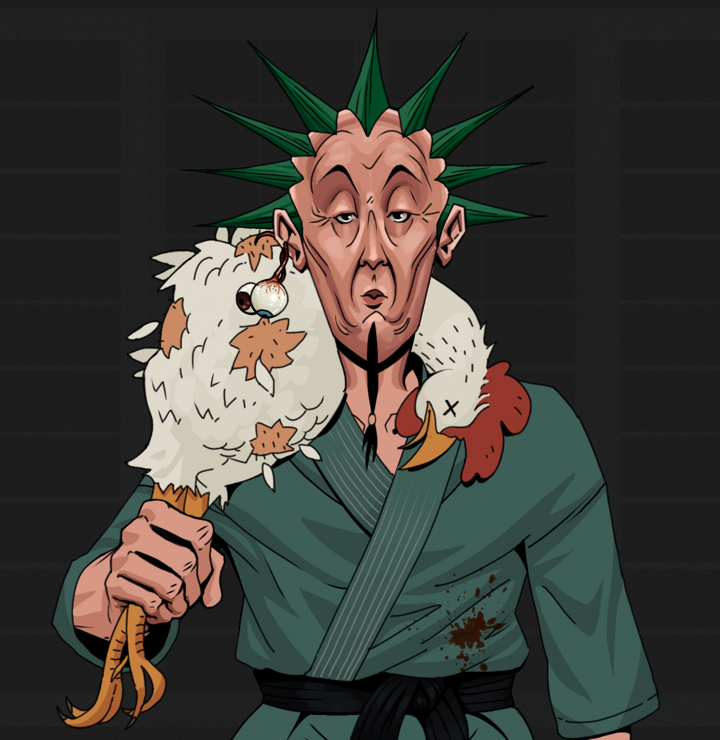 Edmundo — Degen Dojo NFT art (Shaman Eyes, Shoji Night, Degens, Fight Gi, Edmundo, Shirtless Runt, Zapachi, Chicken, Mint)
