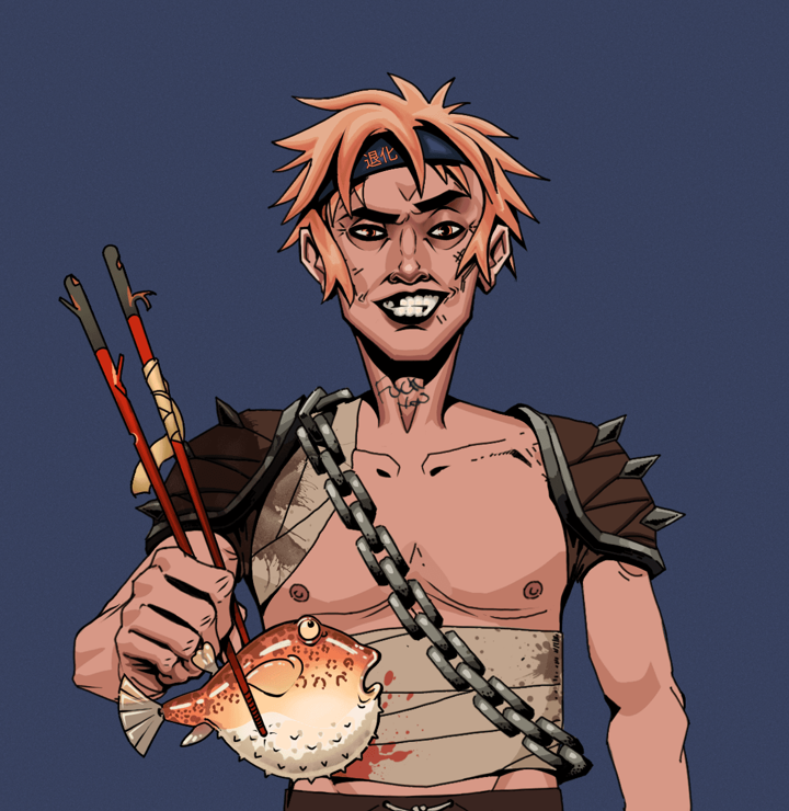 Junichiro — Degen Dojo NFT art (Shirtless Runt, Blue Evening, Degens, Mercenary, Junichiro, Tiger Headband Ruffian, Frightened Fugu, Mint)