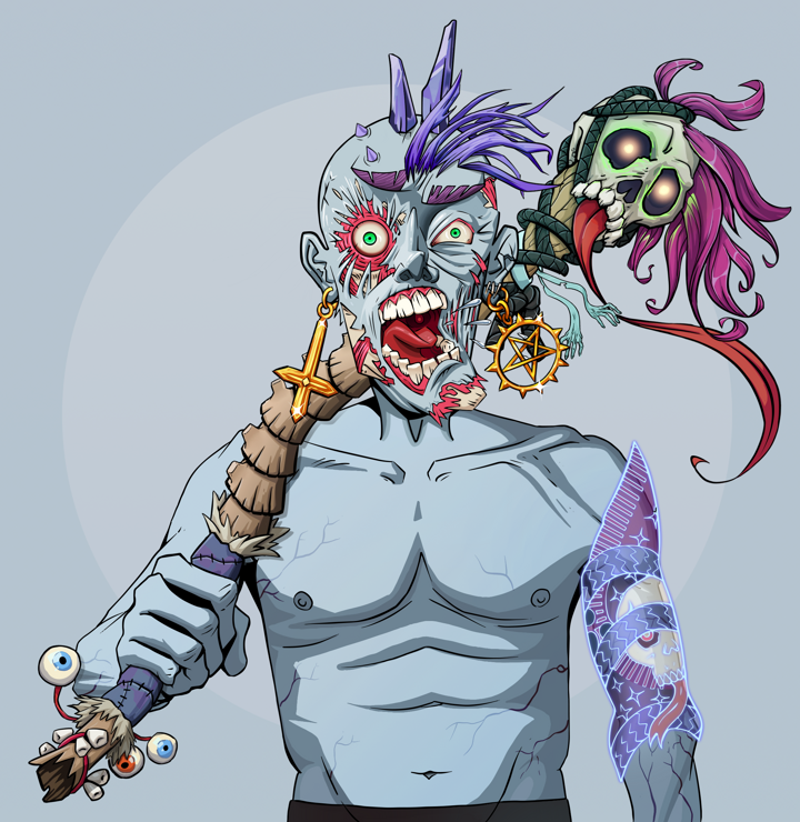 Tokuda — Degen Dojo NFT art (Golden Jesuit Crosses, Grey Mist, Demons, Skull Sleeve, Tokuda, Shirtless Runt, Yakuza Ruffian, Shaman Skull Staff, Mint)