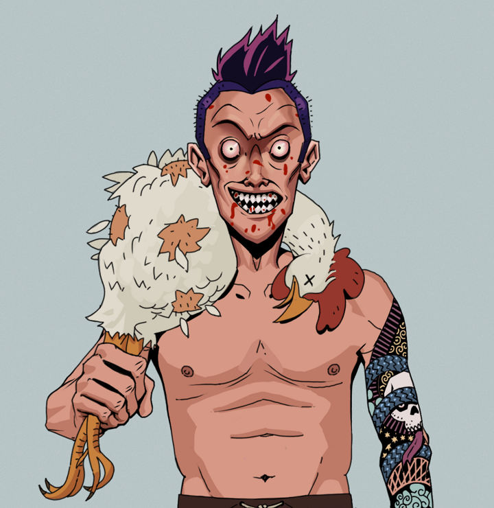 Assassin Fuzen — Degen Dojo NFT art (Shirtless Runt, Light Grey, Degens, Skull Sleeve, Assassin Fuzen, Yakuza Hooligan, Chicken, Mint)