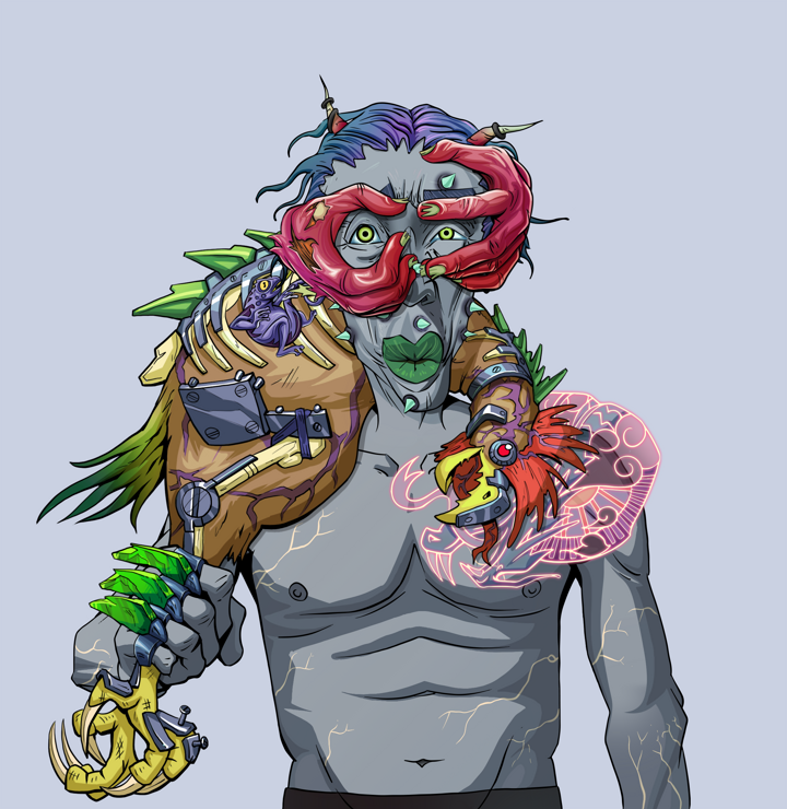 Gloomy Masumi — Degen Dojo NFT art (Lizard, Blue Evening, Demons, Dragon Head Tattoo, Gloomy Masumi, Shoji Tassel Glasses, Wavy, Chicken, Mint)