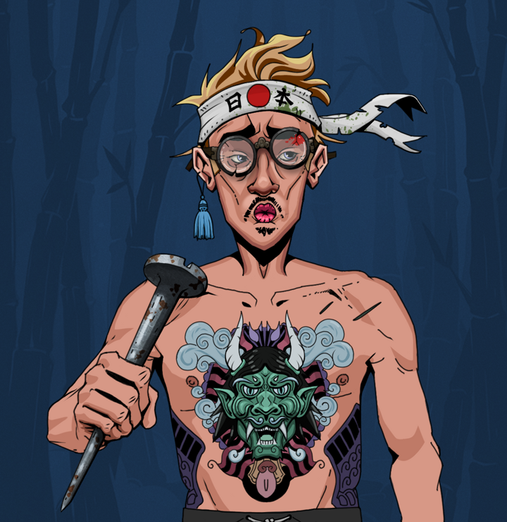 Masumi Steel — Degen Dojo NFT art (Tassel, Night Forest, Degens, Blue Oni Tattoo, Masumi Steel, Bloodied Glasses, Karate Headband, Rusty Nail, Mint)