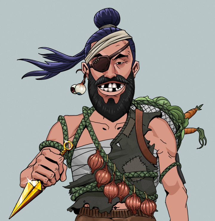Igor The Veteran — Degen Dojo NFT art (Shaman Eyes, Light Grey, Degens, Farmer, Igor The Veteran, Shirtless Runt, Long Flowing, Golden Kunai, Mint)
