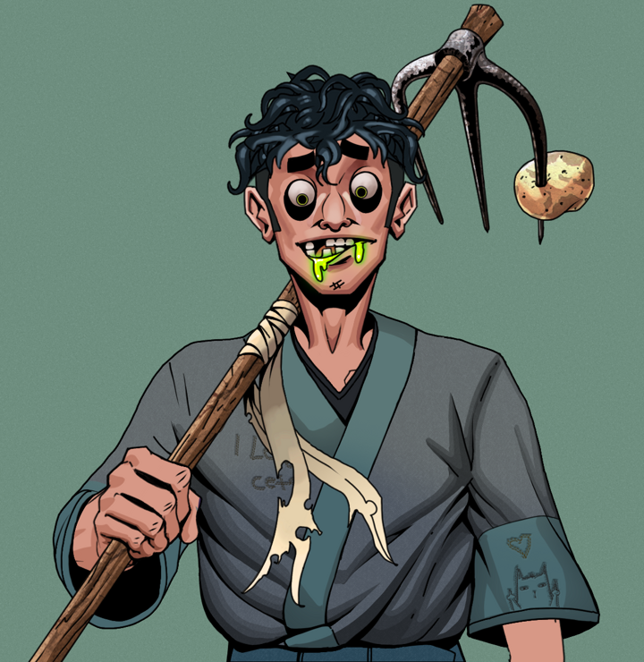 Toxic Azuma — Degen Dojo NFT art (Shirtless Runt, Olive Green, Degens, Cet Kimono, Toxic Azuma, Messy, Farmers Hoe, Mint)