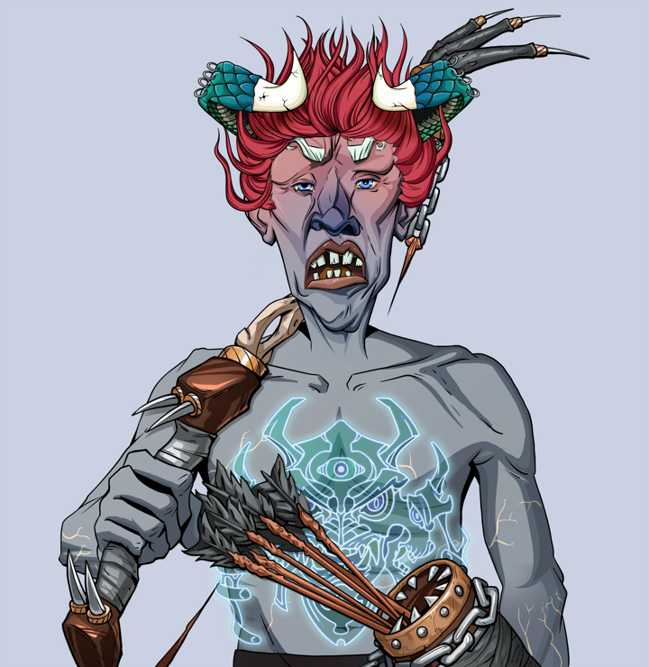 Goro — Degen Dojo NFT art (Shirtless Runt, Blue Evening, Demons, Blue Oni Tattoo, Goro, Grey Oni Horns, Runed Yumi, Mint)