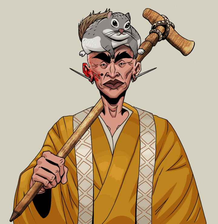 Young Yuji — Degen Dojo NFT art (Nails, Warm Grey, Degens, Ordained Dejen, Young Yuji, Shirtless Runt, Mr. Momonga Hat, Wooden Walking Cane, Mint)