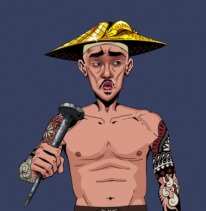 Masumi Steel — Degen Dojo NFT art (Shirtless Runt, Blue Evening, Degens, Yakuza Tattoo Sleeves, Masumi Steel, Golden Kasa Fisherman, Rusty Nail, Mint)