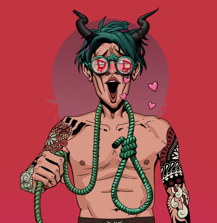 Lovey Haruto — Degen Dojo NFT art (Shirtless Runt, Red High Moon, Degens, Yakuza Tattoo Sleeves, Lovey Haruto, Dojo Graffiti, Black Oni Horns, Noose, Mint)