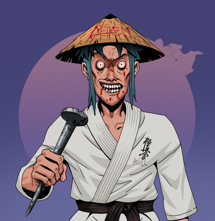Assassin Fuzen — Degen Dojo NFT art (Shirtless Runt, Purple Night, Degens, Student Gi, Assassin Fuzen, Degen Graffiti Rice Hat, Rusty Nail, Mint)