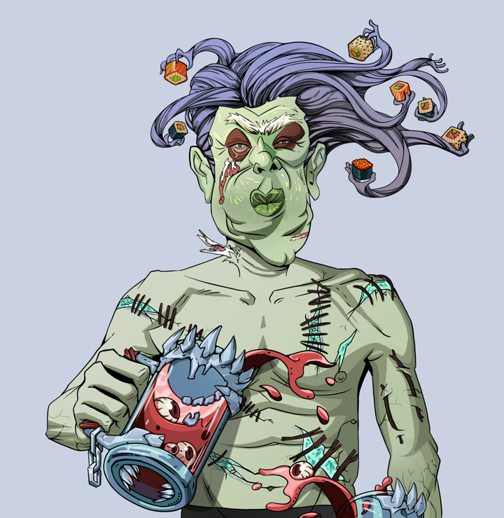 Fat Bob — Degen Dojo NFT art (Shirtless Runt, Blue Evening, Demons, Battle Scars, Fat Bob, Flowing Battousai, Beer Splash, Mint)