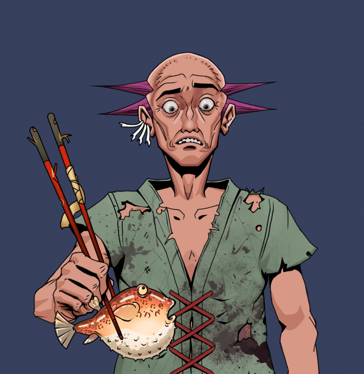 Shitless Botan — Degen Dojo NFT art (Chicken Bones, Blue Evening, Degens, Dirty Peasant Rags, Shitless Botan, Shirtless Runt, Dejen Mohawk, Frightened Fugu, Mint)