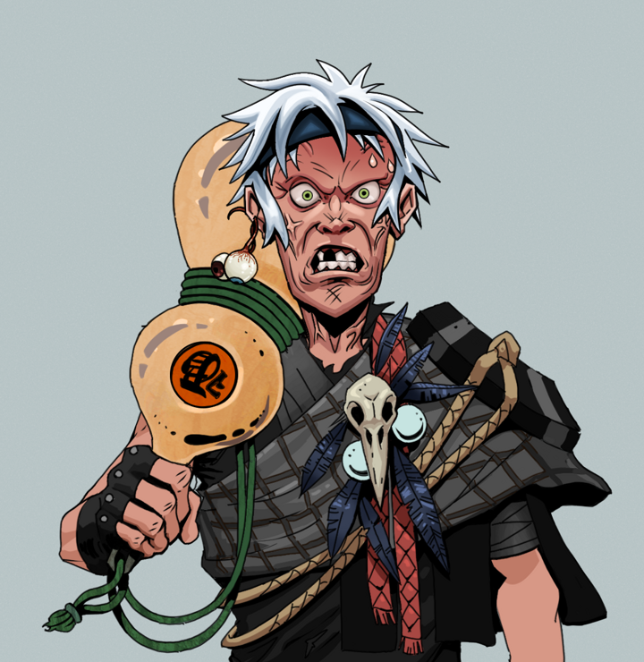 Angry Ikari — Degen Dojo NFT art (Shaman Eyes, Light Grey, Degens, Bird Shaman, Angry Ikari, Shirtless Runt, White Ruffian, Giant Sake Bottle, Mint)