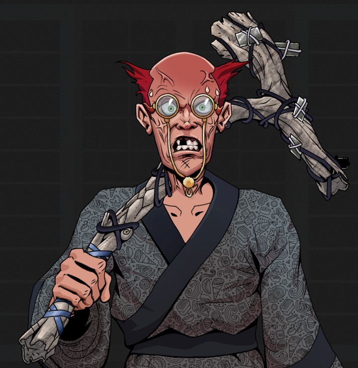Angry Ikari — Degen Dojo NFT art (Shirtless Runt, Shoji Night, Degens, Sushi Love Loose Kimono, Angry Ikari, Pompous Glasses, Red Heihachi, Large Branch, Mint)