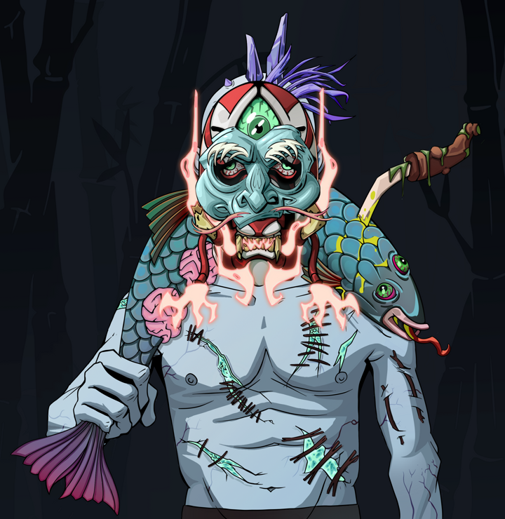 Shitless Botan — Degen Dojo NFT art (Shirtless Runt, Night Forest, Demons, Battle Scars, Shitless Botan, Kitsune Mask, Yakuza Ruffian, Dead Fish, Mint)