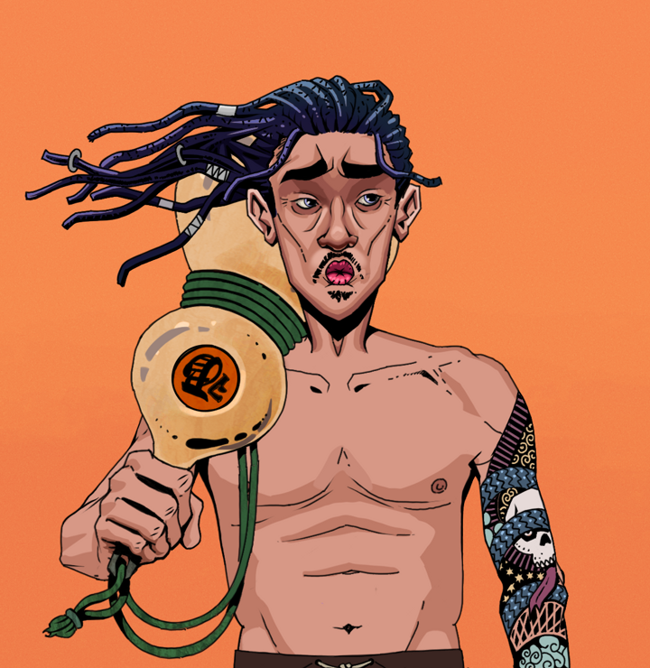 Masumi Steel — Degen Dojo NFT art (Shirtless Runt, Orange Afternoon, Degens, Skull Sleeve, Masumi Steel, Flowing Dreads, Giant Sake Bottle, Mint)